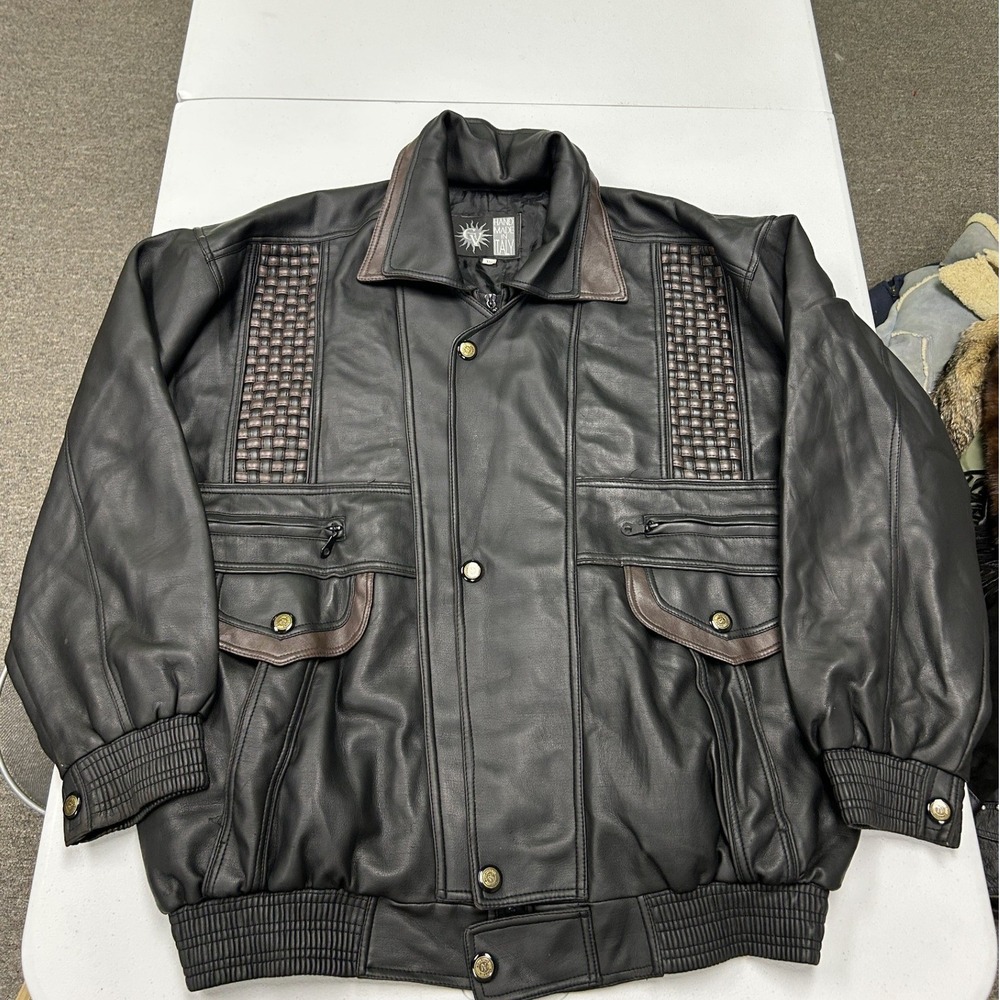 Handmade in Italy Leather Bomber Jacket Mens XXL Black Brown Woven Detail D1